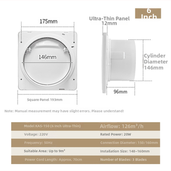 Ventilator de evacuare pentru baie și bucătărie, montaj suspendat, rotund, model KAS-150, 220V, 50Hz, Eficiență energetică nivel 3