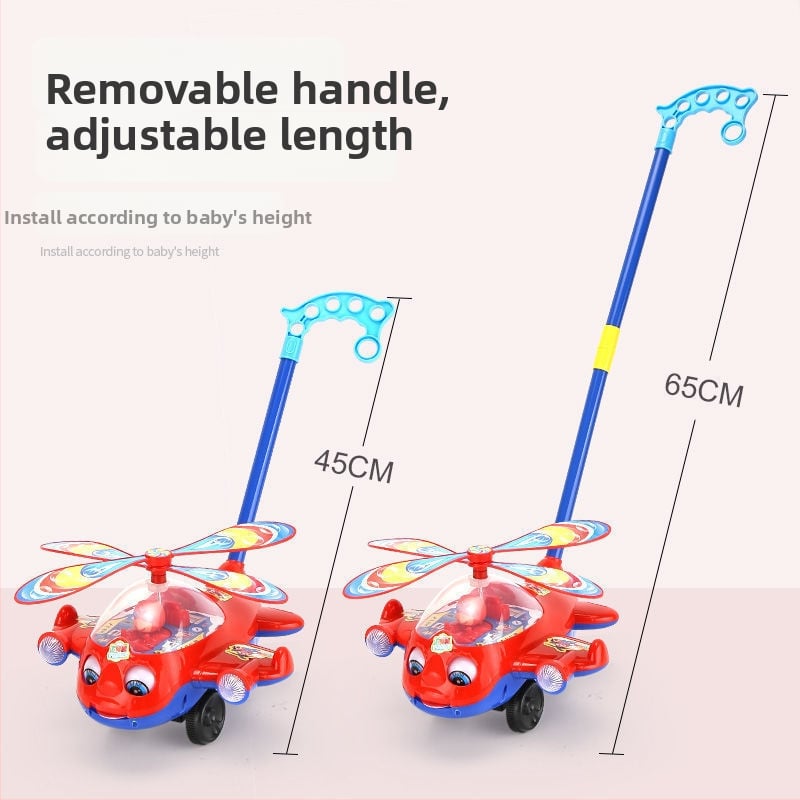 Bērnu rokas-spiežamā lidmašīnas staigāšanas spēlīte ar rotējošu propelleri, mūziku, plastmasu, 4–6 gadiem