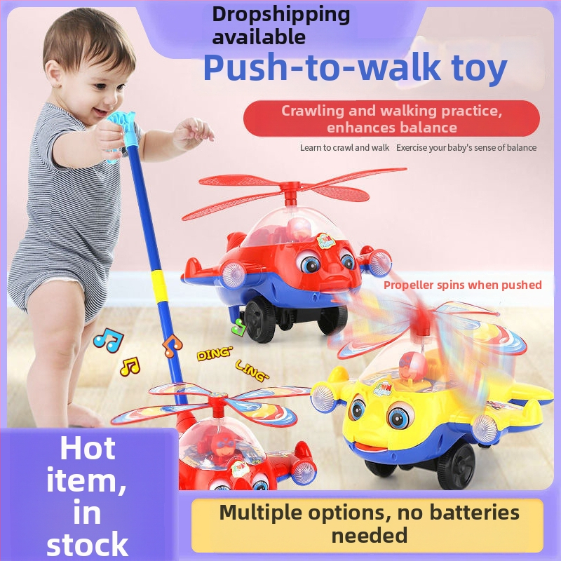 Bērnu rokas-spiežamā lidmašīnas staigāšanas spēlīte ar rotējošu propelleri, mūziku, plastmasu, 4–6 gadiem