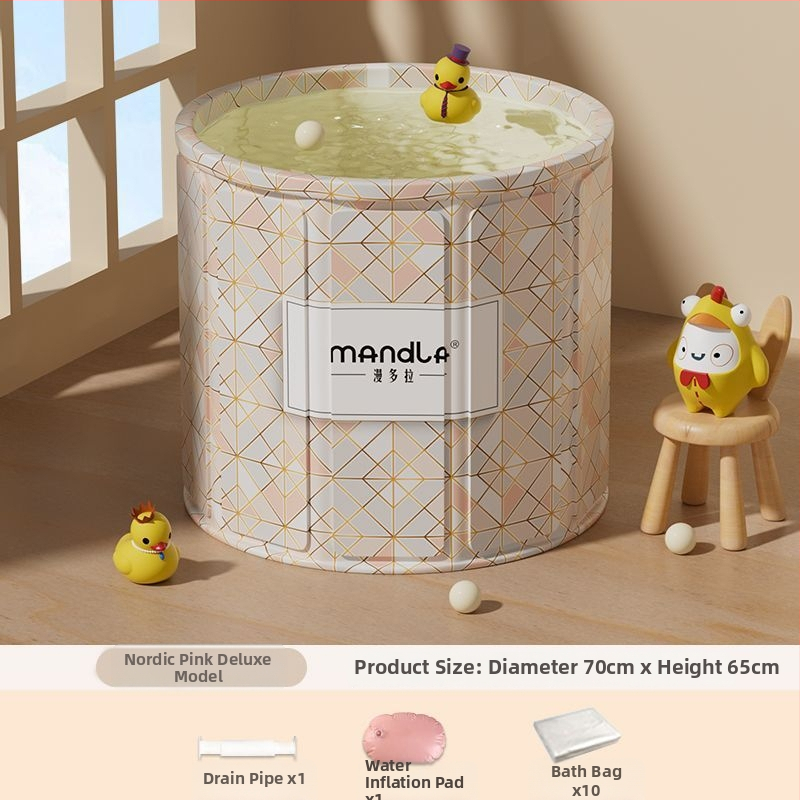 Sulankstoma suaugusiųjų vonios kibiras — namų naudojimui pilnam panardinimui, su pastovia temperatūra; medžiagos: tanki plokštė, perlų medvilnė, Oxford audinys, PVC