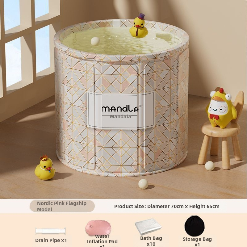 Sulankstoma suaugusiųjų vonios kibiras — namų naudojimui pilnam panardinimui, su pastovia temperatūra; medžiagos: tanki plokštė, perlų medvilnė, Oxford audinys, PVC