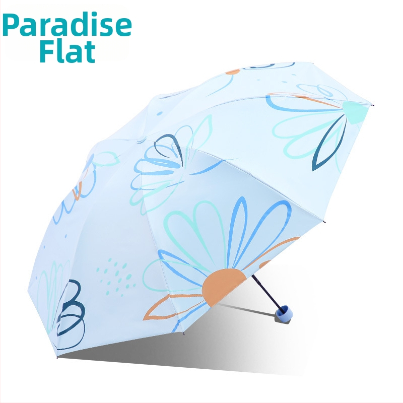 Saulės skėtis 33886E Paradise Flower Dream, 8 plieniniai rėmai, 190T audinys, rankinis atidarymas, tri-fold dizainas, UPF > 50, svoris apie 350 g