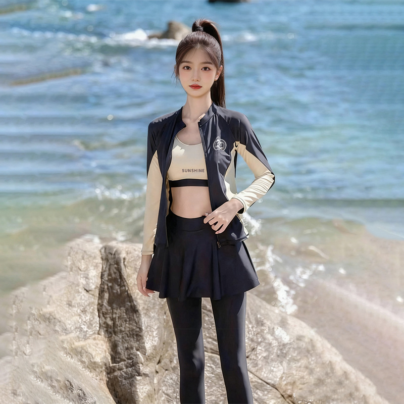 Naiste neljaosaline ujumisriiete komplekt päikesekaitseks, sportlik disain, pikkade varrukatega ja pikkade pükstega