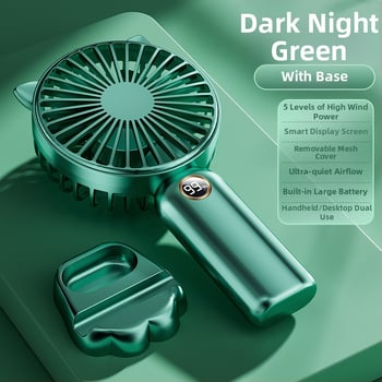 Ručni USB ventilator s digitalnim zaslonom, 5 brzina, motor bez četkica, ugrađena baterija 800–1000 mAh, ABS kućište