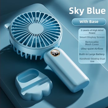 Ručni USB ventilator s digitalnim zaslonom, 5 brzina, motor bez četkica, ugrađena baterija 800–1000 mAh, ABS kućište