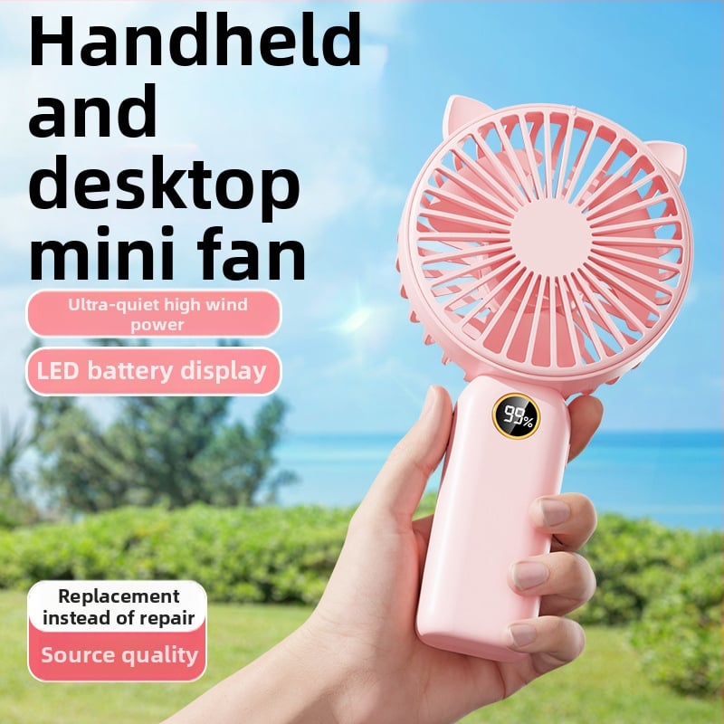 Ručni USB ventilator s digitalnim zaslonom, 5 brzina, motor bez četkica, ugrađena baterija 800–1000 mAh, ABS kućište