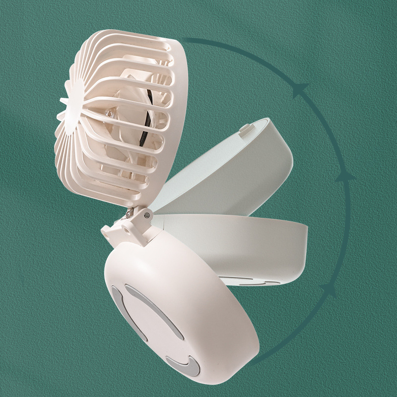 Mini kokkukäiv kaelaventilaator USB-laadimisega, sisseehitatud akuga 500–800 mAh, brushless mootor, 3 kiirust, kaasaskantav käe- või laua ventilaator