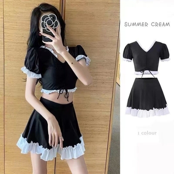 Jaotatav naise ujumistrikoo V-kaelusega, väike värske preppy stiil, seelik-stiilis ujumistrikood vabamaks suplemiseks; rinna padja, ilma teraseta toestita; Milk Silk kangas 90% polüester, vooder 10% polüester, lühikesed varrukad