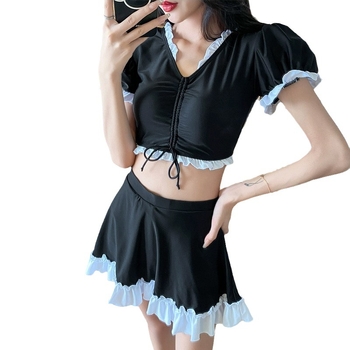 Jaotatav naise ujumistrikoo V-kaelusega, väike värske preppy stiil, seelik-stiilis ujumistrikood vabamaks suplemiseks; rinna padja, ilma teraseta toestita; Milk Silk kangas 90% polüester, vooder 10% polüester, lühikesed varrukad