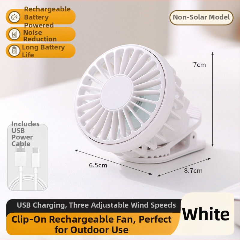 USB prenosný ventilátor s klipom, vstavaná batéria 300-500 mAh, 6 rýchlostí, hluk 45-50 dB, výdrž 3-6 h
