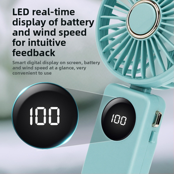 USB ručný ventilátor s inteligentným digitálnym displejom, vstavaná batéria 1000–1200mAh, brushless motor, 5 rýchlostí, doba chodu 3–6 h