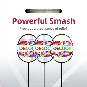 Badmintonireket süsinikfiiberraamiga, kaal 80–84 g, käepideme paksus G5, sirge peaga, kiudse siidiga stringid