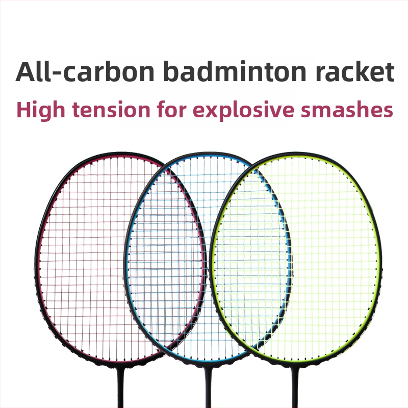 Badmintonireket süsinikfiiberraamiga, kaal 80–84 g, käepideme paksus G5, sirge peaga, kiudse siidiga stringid