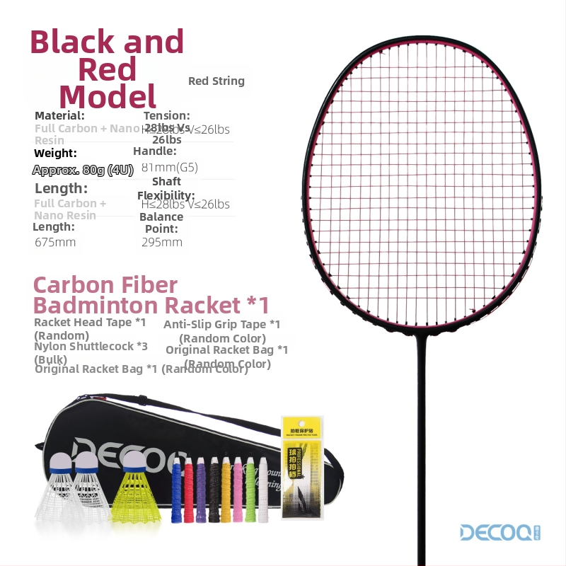 Badmintonireket süsinikfiiberraamiga, kaal 80–84 g, käepideme paksus G5, sirge peaga, kiudse siidiga stringid