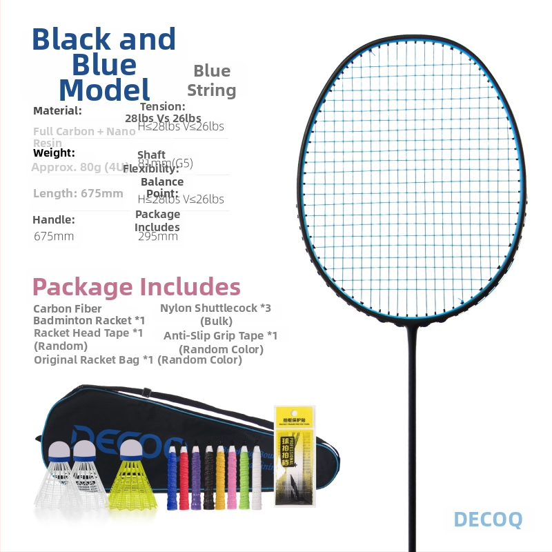 Badmintonireket süsinikfiiberraamiga, kaal 80–84 g, käepideme paksus G5, sirge peaga, kiudse siidiga stringid