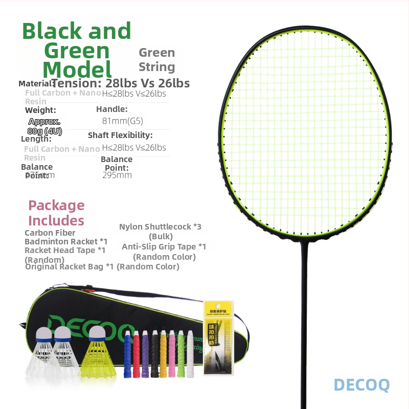 Badmintonireket süsinikfiiberraamiga, kaal 80–84 g, käepideme paksus G5, sirge peaga, kiudse siidiga stringid