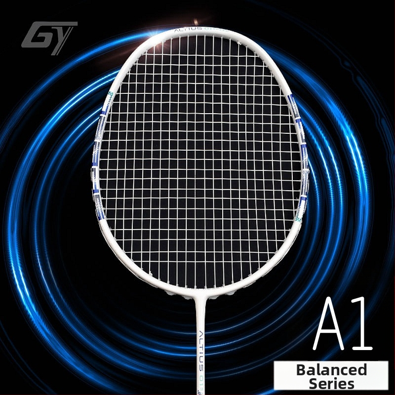 Badmintono raketė - anglies pluošto rėmas, svoris 80–84 g, rankenos storis G5, tiesus smūgis, vijų medžiaga Fiber Silk