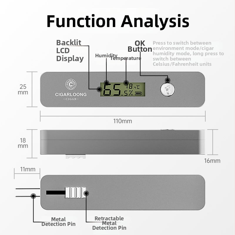 Cigaro drėgmės matuoklis - prekės ženklas CIGARLOONG/Cigarloong, modelis CX-25IT, medžiaga: plastikas, stilius: lengvas prabanga, paprastas dizainas