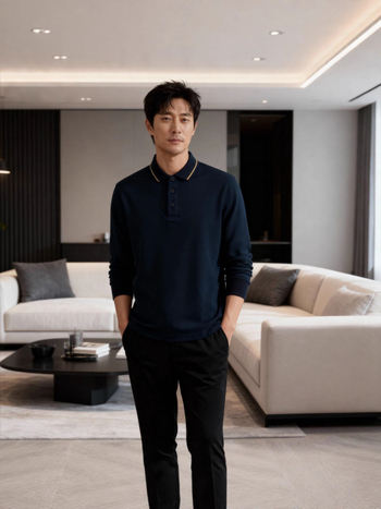 Πόλο πουκάμισο με επένδυση φλίς, μακριά μανίκια, εφαρμοστό, μονόχρωμο σχέδιο