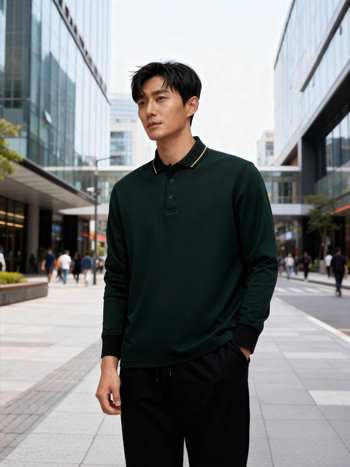 Πόλο πουκάμισο με επένδυση φλίς, μακριά μανίκια, εφαρμοστό, μονόχρωμο σχέδιο