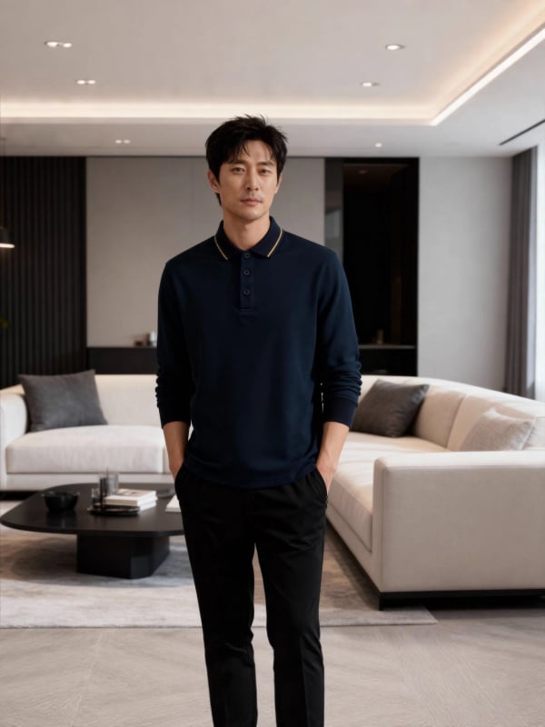 Πόλο πουκάμισο με επένδυση φλίς, μακριά μανίκια, εφαρμοστό, μονόχρωμο σχέδιο