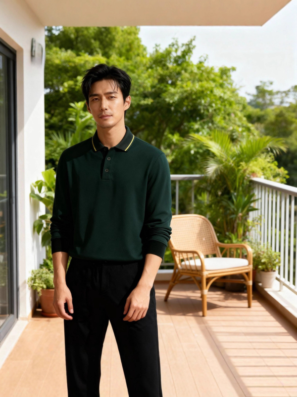 Πόλο πουκάμισο με επένδυση φλίς, μακριά μανίκια, εφαρμοστό, μονόχρωμο σχέδιο