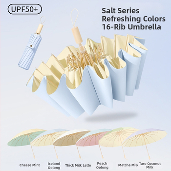 Saulės skėtis su 16 rėmų, vėjo atsparus sulankstomas tri-fold dizainas, aliuminio rėmas, lydinio centrinė lazda, medinė rankena, 210T audinys su Color Glue danga, UPF 50+, rankinis atidarymas uždarymas