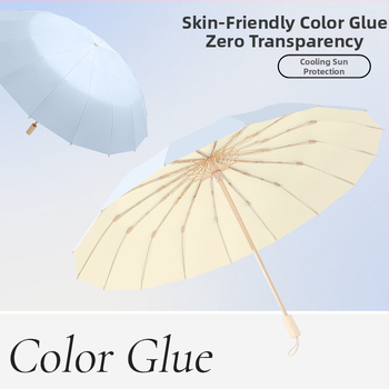 Saulės skėtis su 16 rėmų, vėjo atsparus sulankstomas tri-fold dizainas, aliuminio rėmas, lydinio centrinė lazda, medinė rankena, 210T audinys su Color Glue danga, UPF 50+, rankinis atidarymas uždarymas