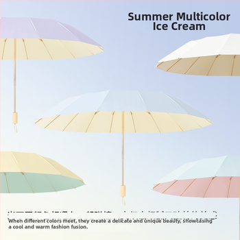 Saulės skėtis su 16 rėmų, vėjo atsparus sulankstomas tri-fold dizainas, aliuminio rėmas, lydinio centrinė lazda, medinė rankena, 210T audinys su Color Glue danga, UPF 50+, rankinis atidarymas uždarymas