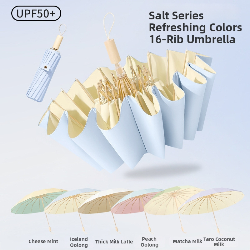 Saulės skėtis su 16 rėmų, vėjo atsparus sulankstomas tri-fold dizainas, aliuminio rėmas, lydinio centrinė lazda, medinė rankena, 210T audinys su Color Glue danga, UPF 50+, rankinis atidarymas uždarymas