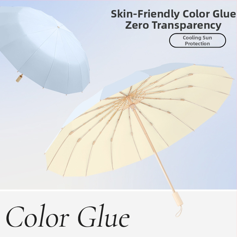 Päikesivarju 16 ribaga, tuulekindel kokkupandav kolmeribaline mudel, alumiiniumraam, sulam? keskvarras, puidust käepide, 210T kangas Color Glue kattega, UPF 50+, manuaalne avamine-kinnipidamine
