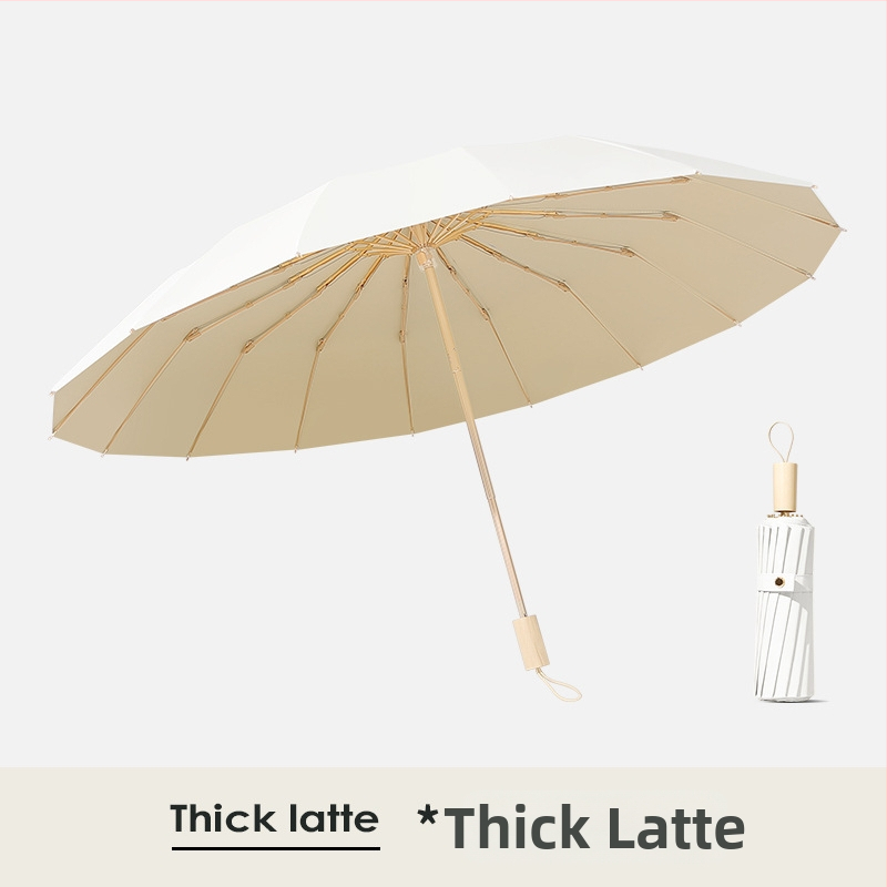 Saulės skėtis su 16 rėmų, vėjo atsparus sulankstomas tri-fold dizainas, aliuminio rėmas, lydinio centrinė lazda, medinė rankena, 210T audinys su Color Glue danga, UPF 50+, rankinis atidarymas uždarymas