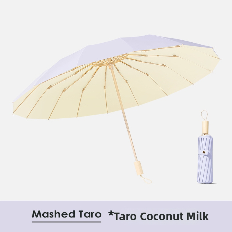 Saulės skėtis su 16 rėmų, vėjo atsparus sulankstomas tri-fold dizainas, aliuminio rėmas, lydinio centrinė lazda, medinė rankena, 210T audinys su Color Glue danga, UPF 50+, rankinis atidarymas uždarymas