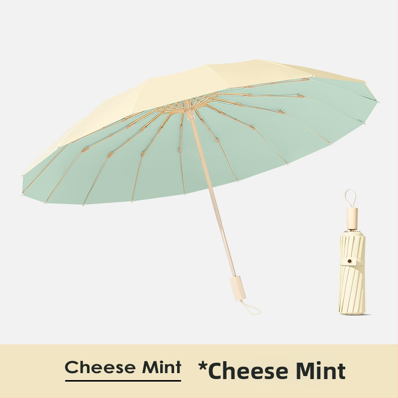 Saulės skėtis su 16 rėmų, vėjo atsparus sulankstomas tri-fold dizainas, aliuminio rėmas, lydinio centrinė lazda, medinė rankena, 210T audinys su Color Glue danga, UPF 50+, rankinis atidarymas uždarymas