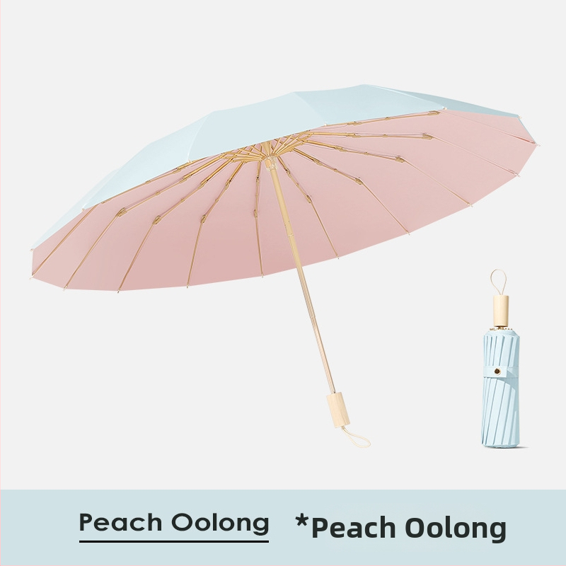 Saulės skėtis su 16 rėmų, vėjo atsparus sulankstomas tri-fold dizainas, aliuminio rėmas, lydinio centrinė lazda, medinė rankena, 210T audinys su Color Glue danga, UPF 50+, rankinis atidarymas uždarymas