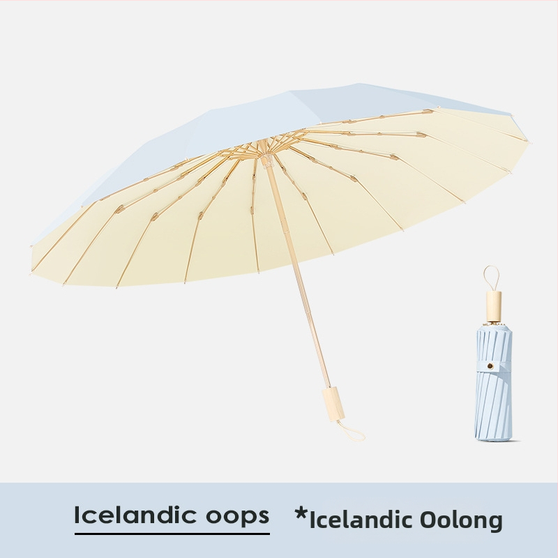 Saulės skėtis su 16 rėmų, vėjo atsparus sulankstomas tri-fold dizainas, aliuminio rėmas, lydinio centrinė lazda, medinė rankena, 210T audinys su Color Glue danga, UPF 50+, rankinis atidarymas uždarymas