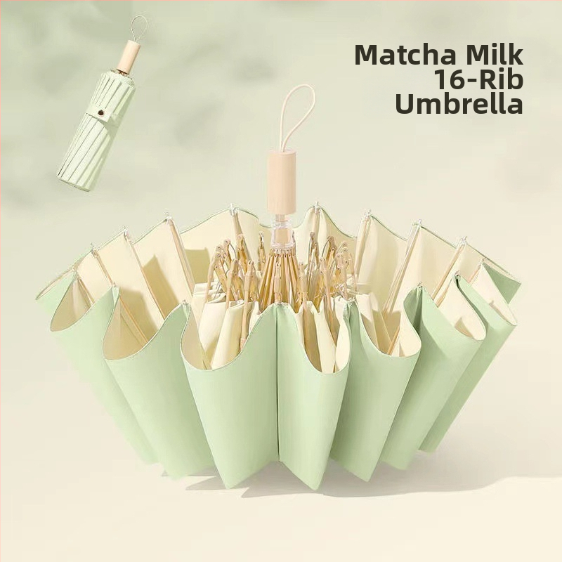 Saulės skėtis su 16 rėmų, vėjo atsparus sulankstomas tri-fold dizainas, aliuminio rėmas, lydinio centrinė lazda, medinė rankena, 210T audinys su Color Glue danga, UPF 50+, rankinis atidarymas uždarymas