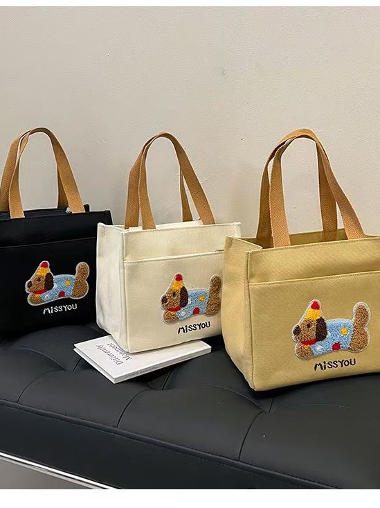 Kangas lõunasöögikott taksikoera motiiviga, suur maht, tõmblukk, polüestervooder, võileivasektsioon, kahekordsed õlarihmad