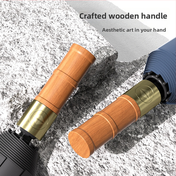 Автоматичен чадър с 12 ребра, дървена дръжка, плат 190T, UPF50+, печат на лого