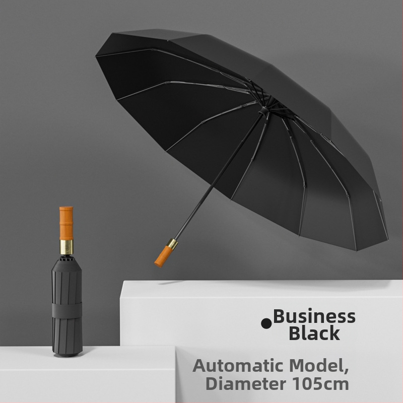 Автоматичен чадър с 12 ребра, дървена дръжка, плат 190T, UPF50+, печат на лого