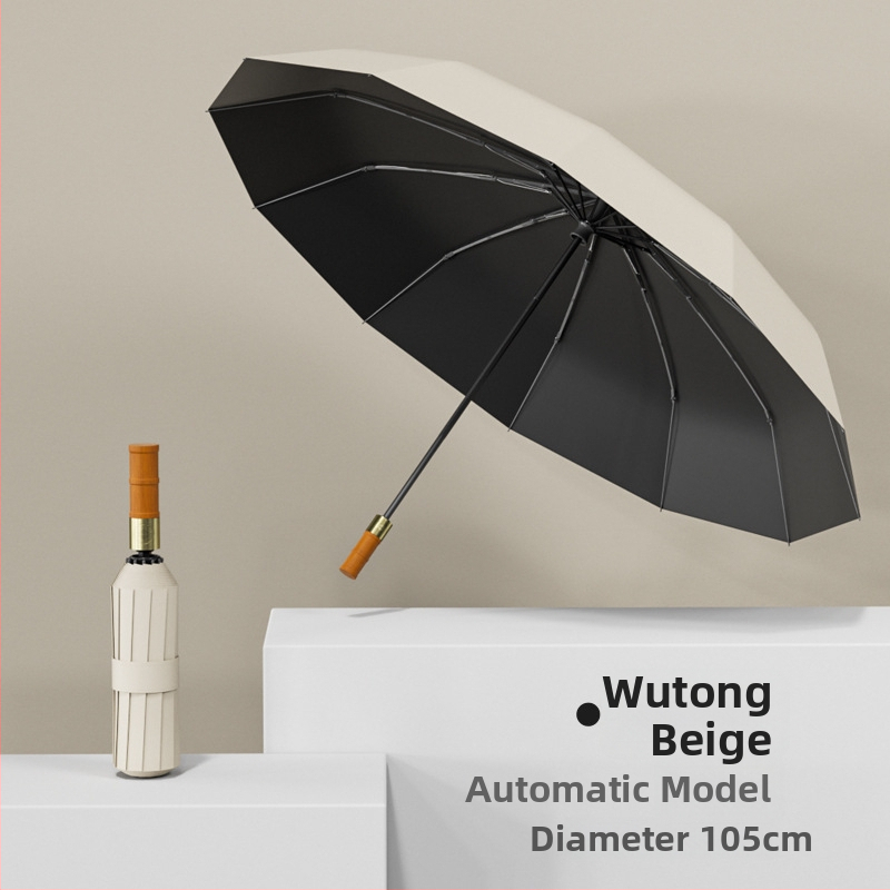 Автоматичен чадър с 12 ребра, дървена дръжка, плат 190T, UPF50+, печат на лого