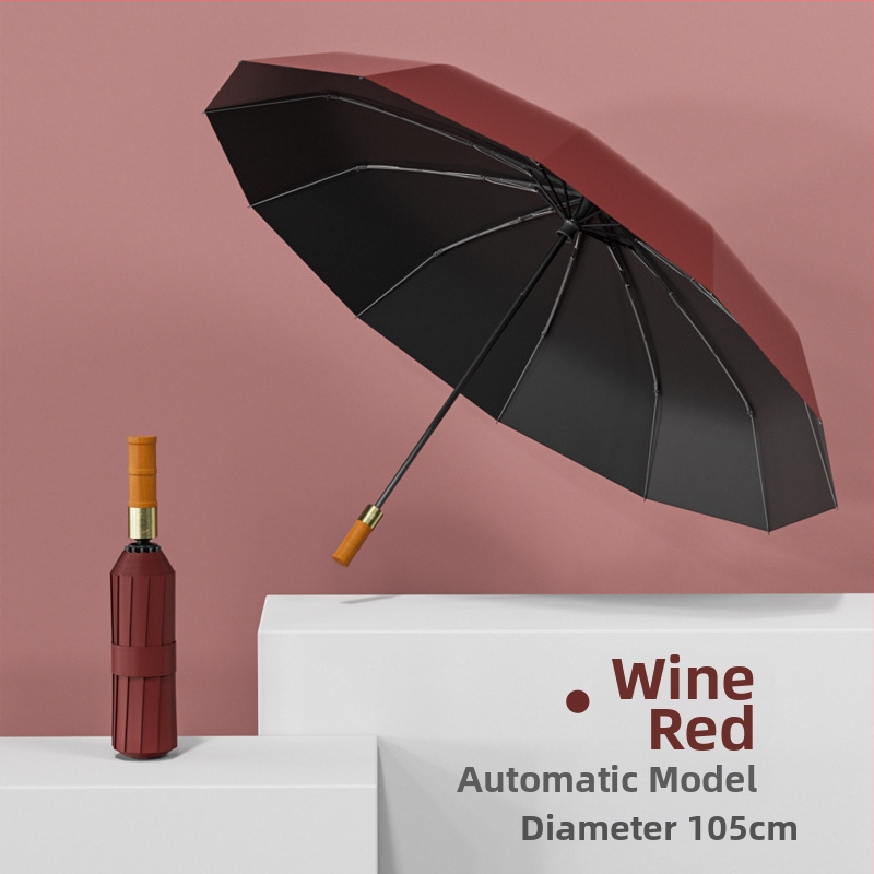 Автоматичен чадър с 12 ребра, дървена дръжка, плат 190T, UPF50+, печат на лого