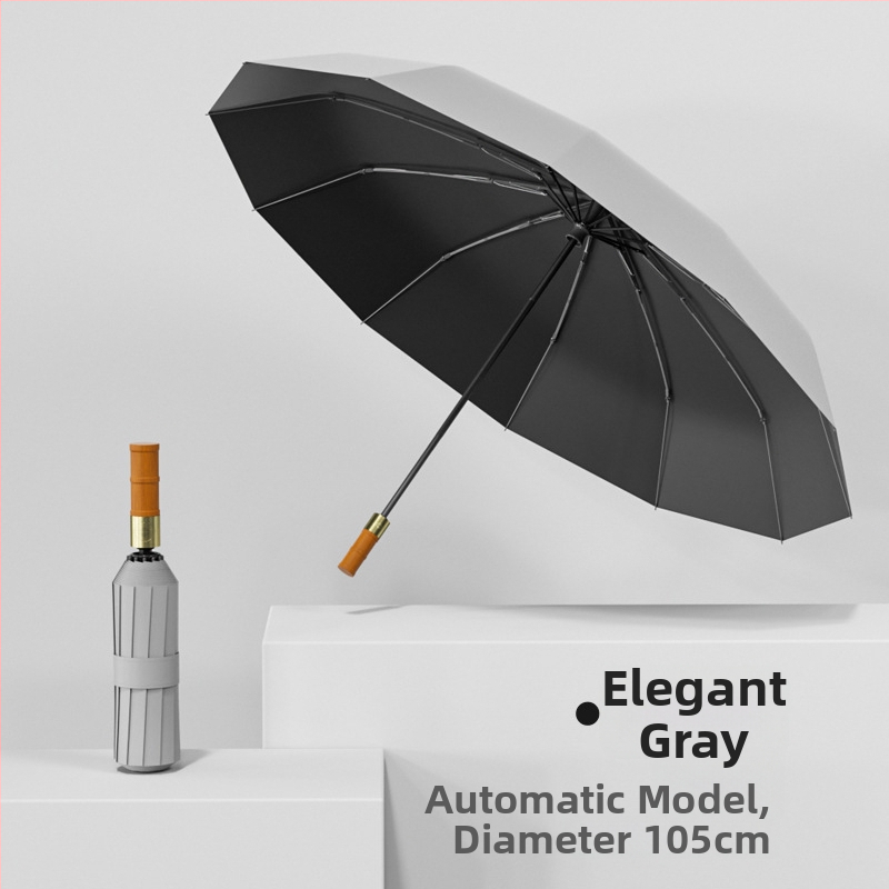 Автоматичен чадър с 12 ребра, дървена дръжка, плат 190T, UPF50+, печат на лого