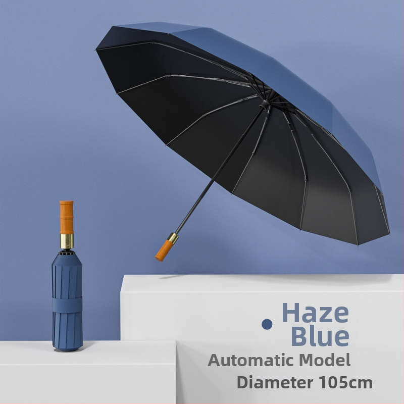 Автоматичен чадър с 12 ребра, дървена дръжка, плат 190T, UPF50+, печат на лого