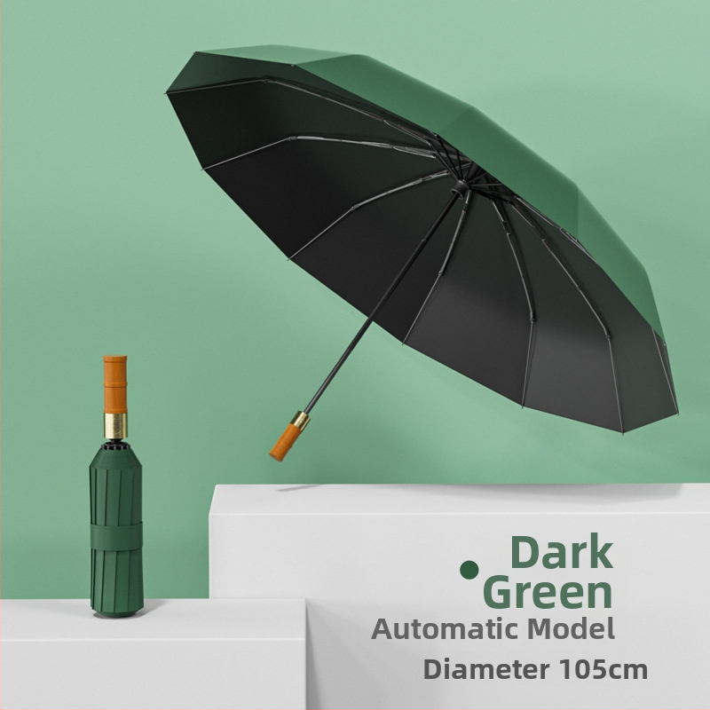 Автоматичен чадър с 12 ребра, дървена дръжка, плат 190T, UPF50+, печат на лого