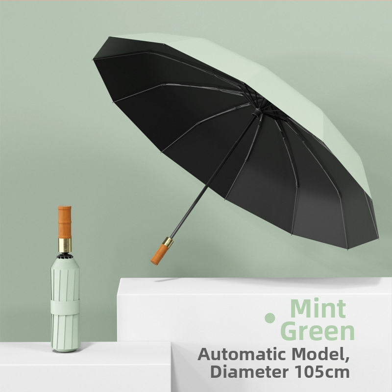 Автоматичен чадър с 12 ребра, дървена дръжка, плат 190T, UPF50+, печат на лого