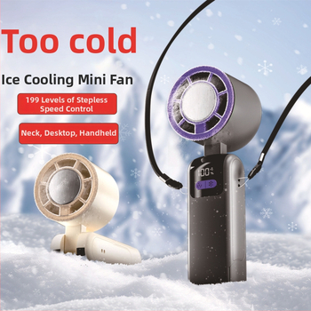 Rankinis sulankstomas aušintuvo ventiliatorius su bešepiniu varikliu, 3.7V 5W, įkraunama ličio baterija 1200–2000 mAh, triukšmas iki 36 dB, bežingsnė greičio reguliavimas, svoris 250 g, matmenys 185×65×65 mm