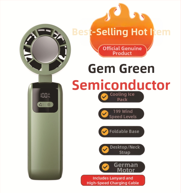 Rankinis sulankstomas aušintuvo ventiliatorius su bešepiniu varikliu, 3.7V 5W, įkraunama ličio baterija 1200–2000 mAh, triukšmas iki 36 dB, bežingsnė greičio reguliavimas, svoris 250 g, matmenys 185×65×65 mm