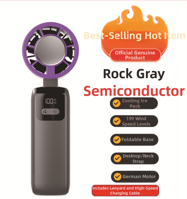 Rankinis sulankstomas aušintuvo ventiliatorius su bešepiniu varikliu, 3.7V 5W, įkraunama ličio baterija 1200–2000 mAh, triukšmas iki 36 dB, bežingsnė greičio reguliavimas, svoris 250 g, matmenys 185×65×65 mm