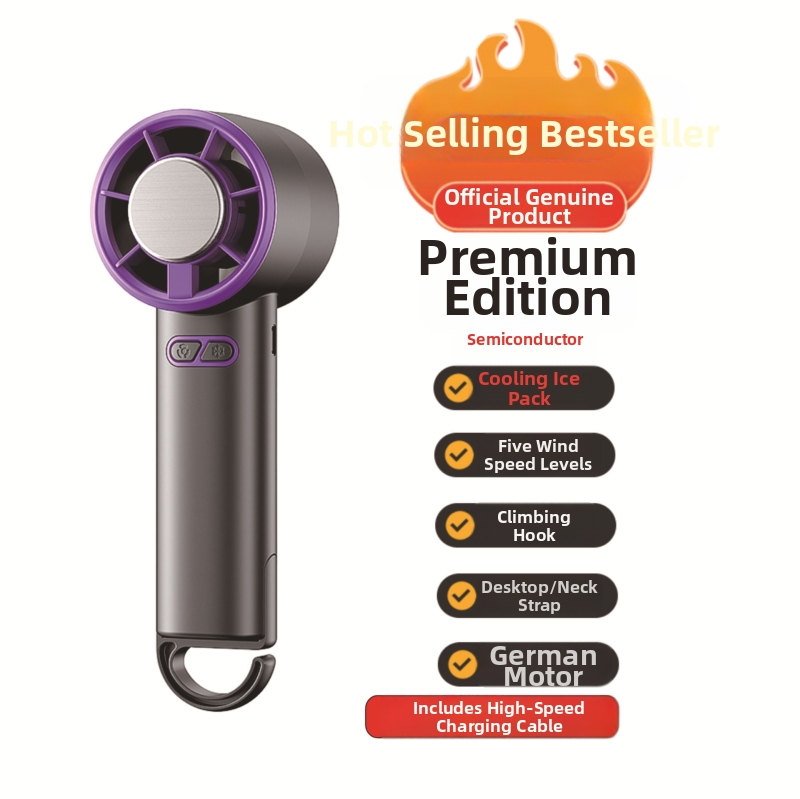 Rankinis sulankstomas aušintuvo ventiliatorius su bešepiniu varikliu, 3.7V 5W, įkraunama ličio baterija 1200–2000 mAh, triukšmas iki 36 dB, bežingsnė greičio reguliavimas, svoris 250 g, matmenys 185×65×65 mm